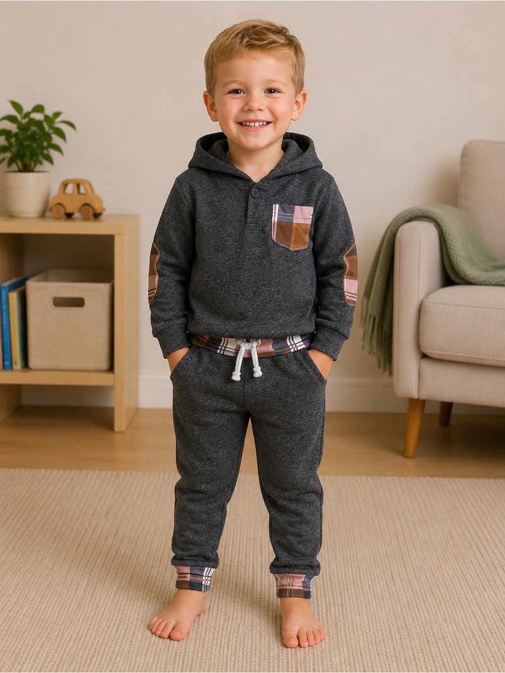Source Unknown Charcoal Kids Hoodie & Jogger Set with Plaid Accents